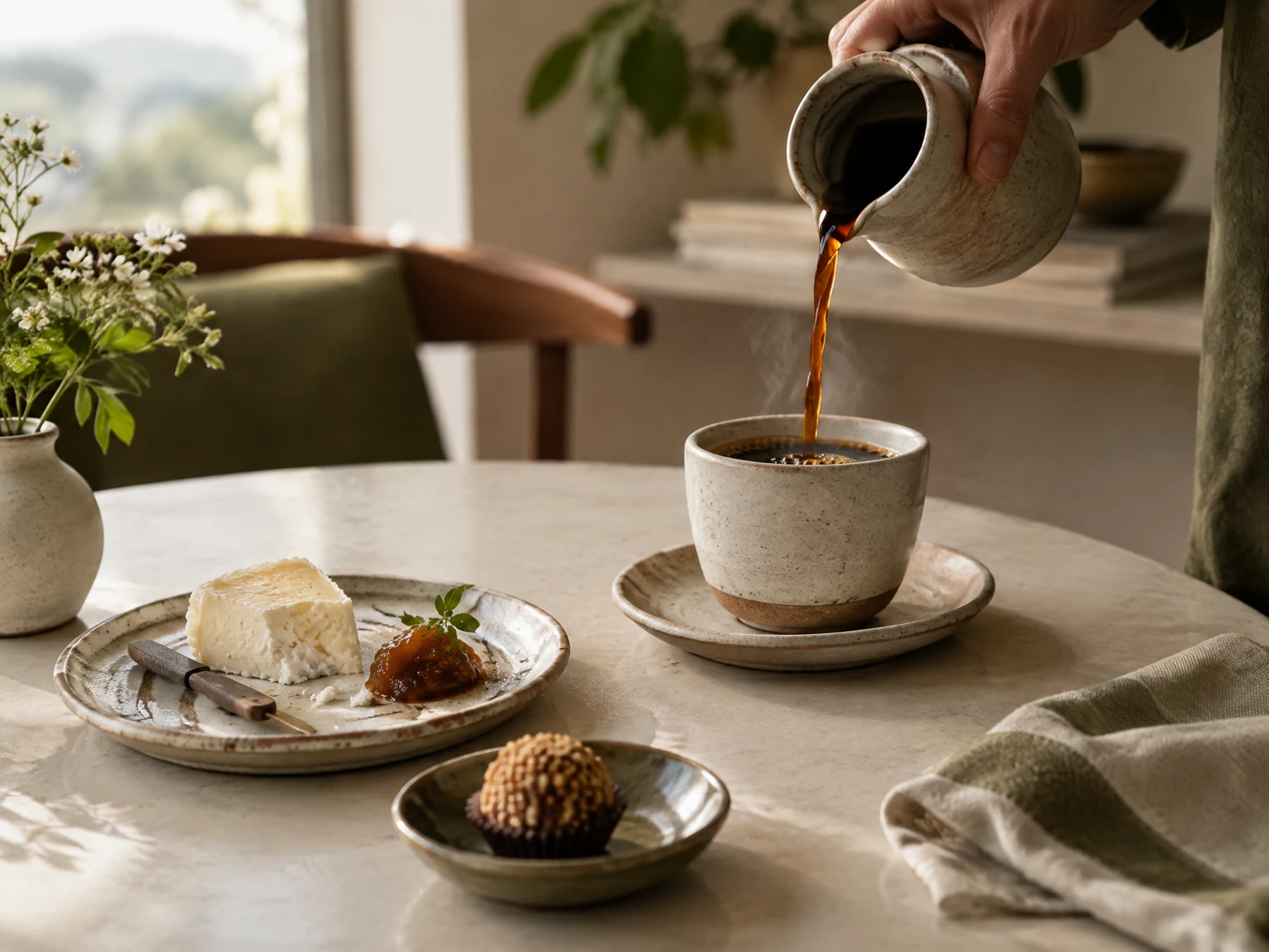 Café, queijo e doces de origem em uma composição editorial de Descobertas SerrasMardeMinas®