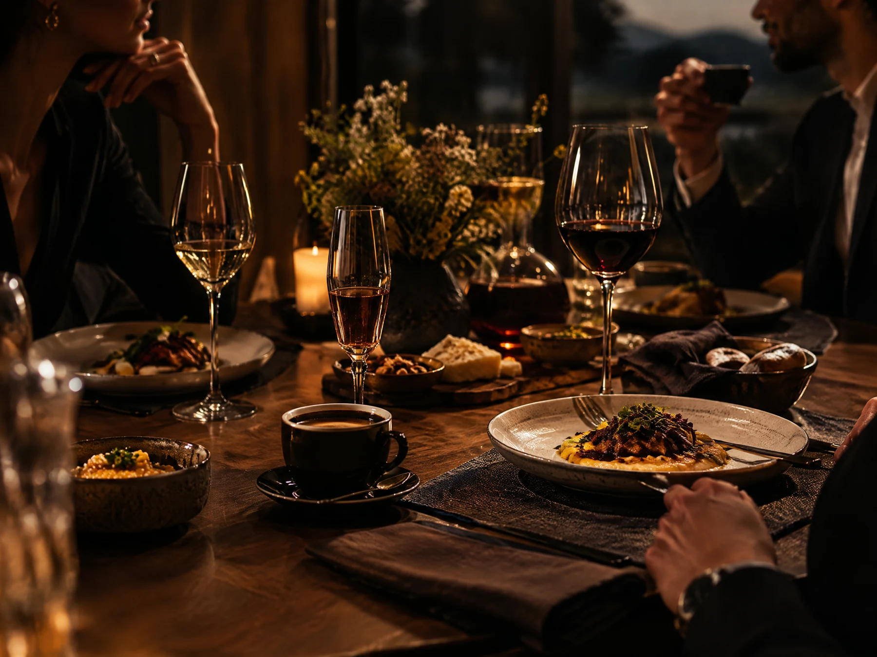 Mesa com preparações gastronômicas, queijos e bebidas em uma imagem editorial de Legados SerrasMardeMinas®